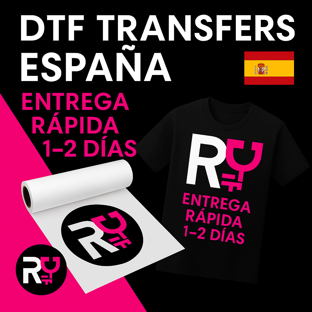 Transferencias DTF España: gráfico promocional con bandera de España, fondo magenta y negro, hoja de transferencia DTF, camiseta personalizada RoyalDTF y texto “ENTREGA RÁPIDA 1–2 DÍAS”.